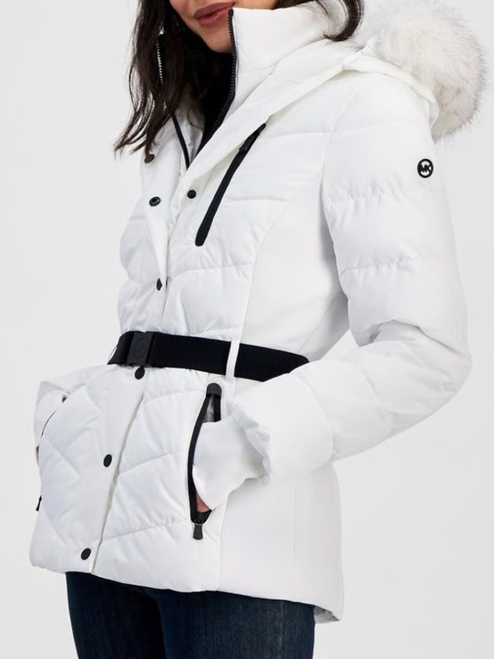 Michael Kors White Belted Quilted Puffer Jacket w/ Faux Fur Hood